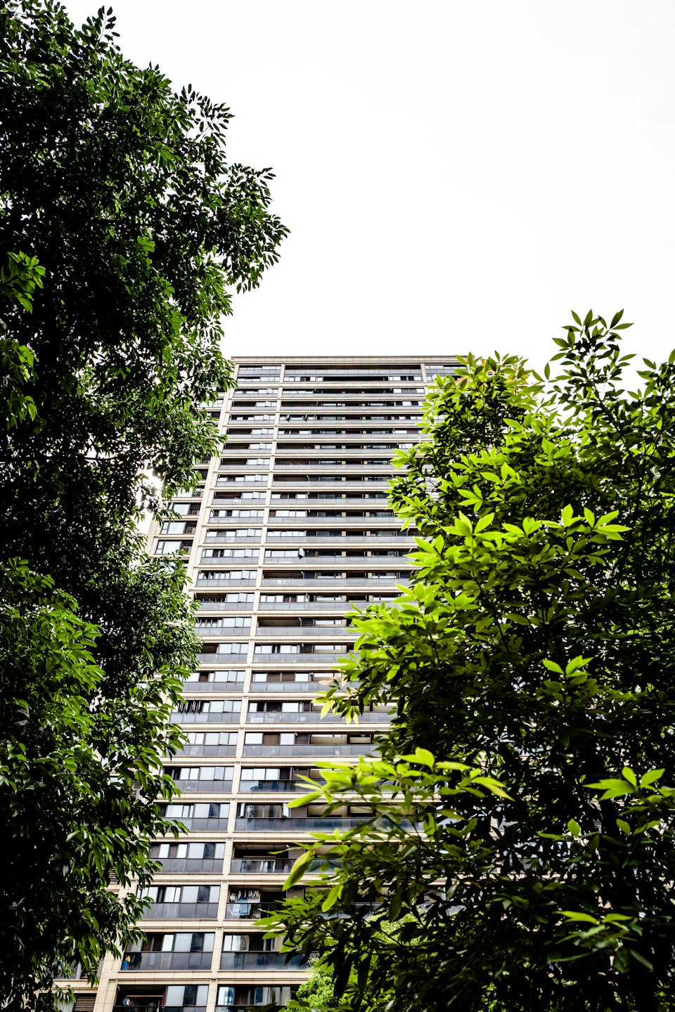 Modern apartment building facade with many windows and balconies.