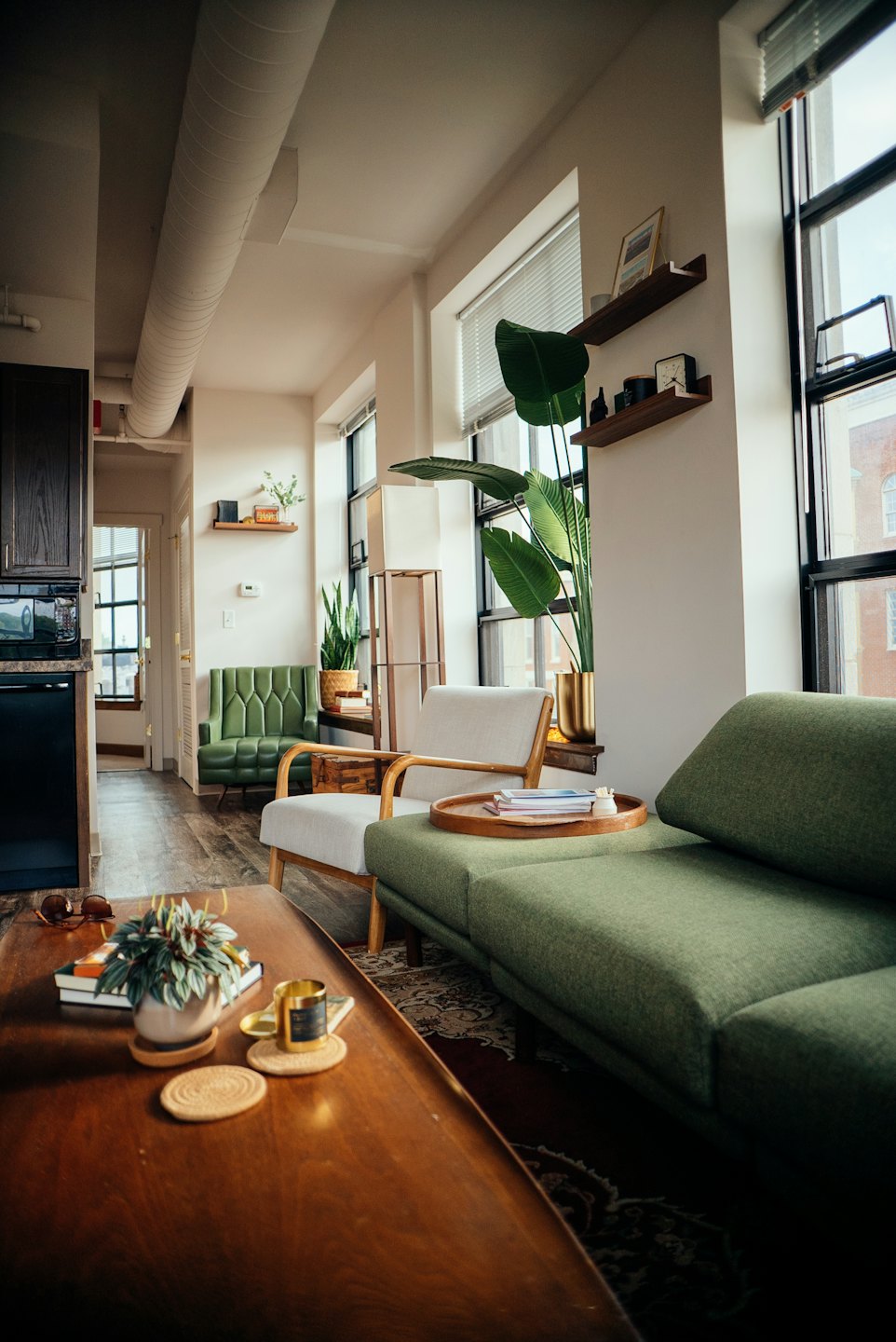 Modern living room with green sofa and plants.